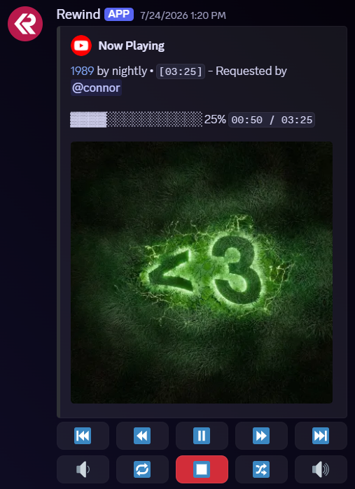 Rewind now playing embed in a Discord music channel
